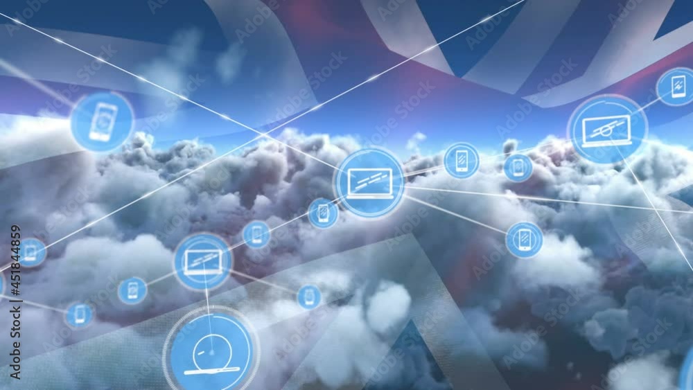 Animation of network of connections with icons over flag of great britain and clouds on sky Animation of network of connections with icons over flag of great britain and clouds on sky