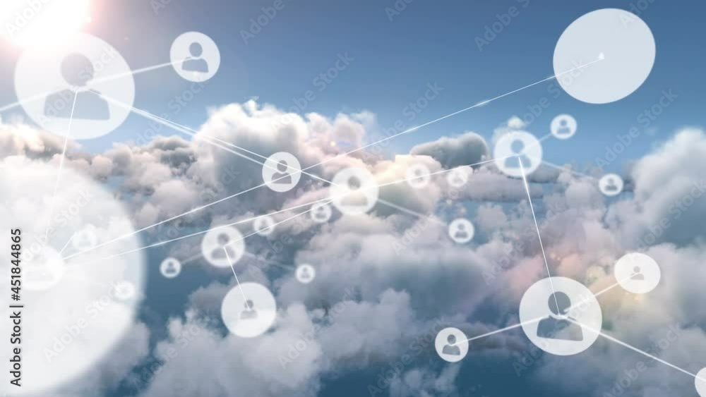 Animation of network of connections with icons over clouds on sky Animation of network of connections with icons over clouds on sky