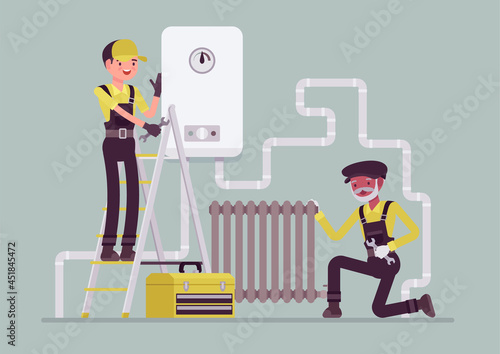 Plumbers service, inspection of plumbing work, pipe and radiator installing. Professional technicians team checking water heater installation, balancing radiator heating system. Vector illustration