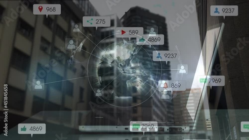 Wallpaper Mural Animation of social media icons and globe over woman using laptop and cityscape Torontodigital.ca