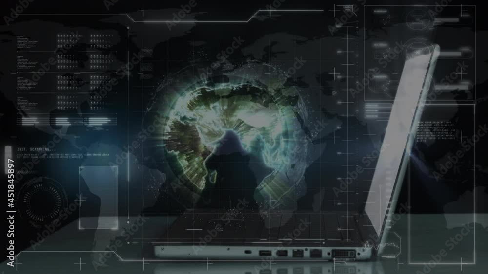 Animation of globe and data processing over man using laptop Animation of globe and data processing over man using laptop