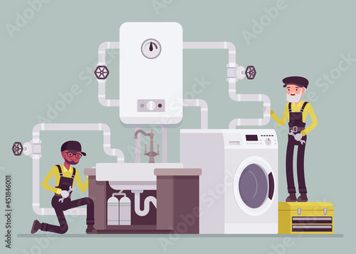 Professional plumbers installing, maintaining water pipe system in kitchen, bathroom. Technicians upgrading, replacing water heater, filtration for washing, cooking or laundry. Vector illustration