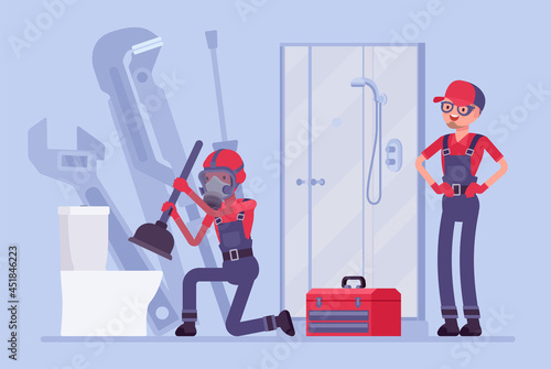 Plumbing services, sewer cleaning and emergency repair. Plumbers clear blockages in drains, pipes with plunger, stoppages, overflowing toilets or slow flushing problem in bathroom. Vector illustration