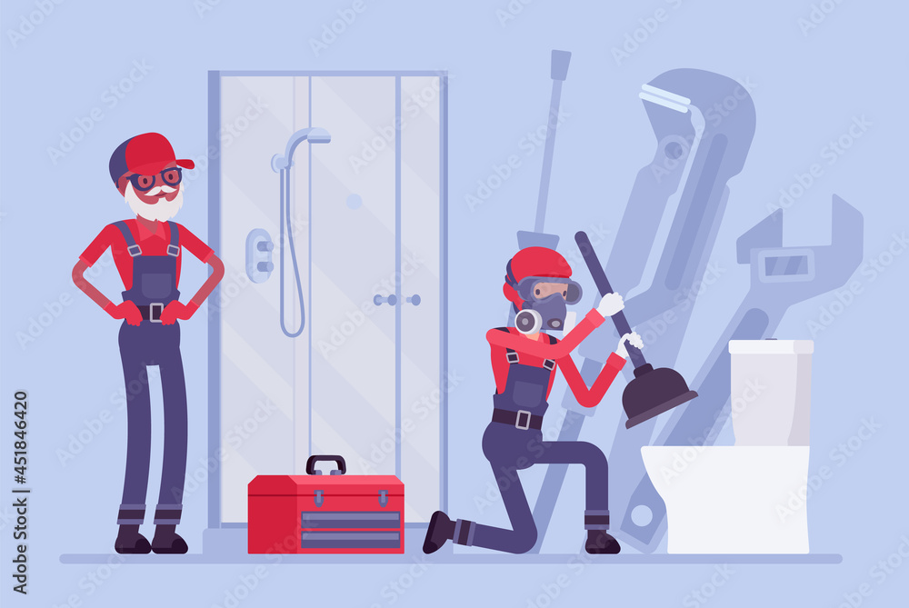 Plumbing services, sewer cleaning, doing emergency repair. Plumbers clear blockages in drains, pipes with plunger, stoppages in toilets, smell or slow flushing problem in bathroom. Vector illustration - obrazy, fototapety, plakaty 