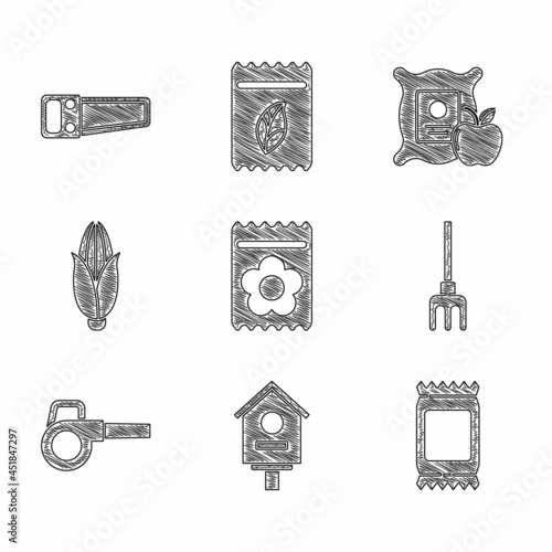 Set Pack full of seeds of plant, Bird house, Fertilizer bag, Garden rake, Leaf garden blower, Corn, Apple in the sack and Hand saw icon. Vector