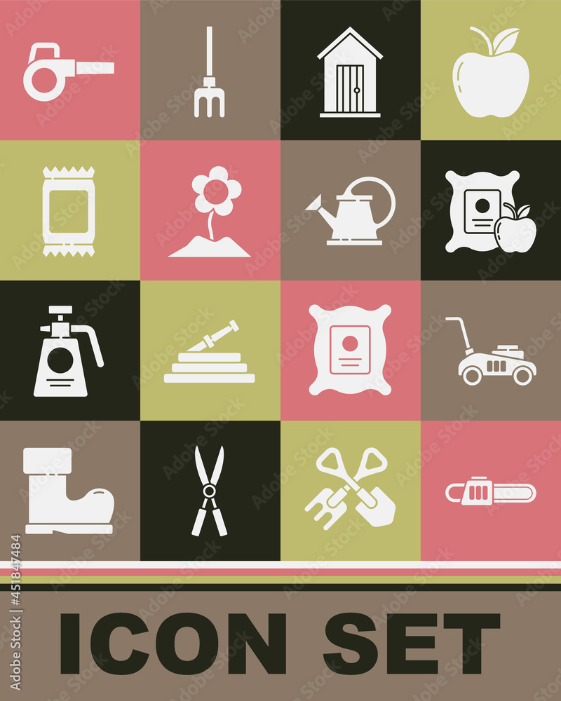Set Chainsaw, Lawn mower, Apple the sack, Farm house, Flower, Fertilizer bag, Leaf garden blower and Watering can icon. Vector Set Chainsaw, Lawn mower, Apple the sack, Farm house, Flower, Fertilizer bag, Leaf garden blower and Watering can icon. Vector