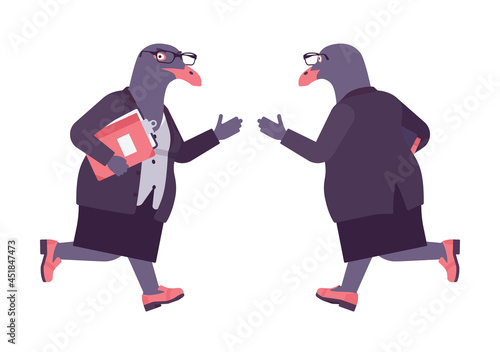 Bird woman, seagull head female pigeon in human wear running. Plump rounded person with short legs, clumsy seabird, wild marine creature. Vector flat style cartoon illustration, front and rear view