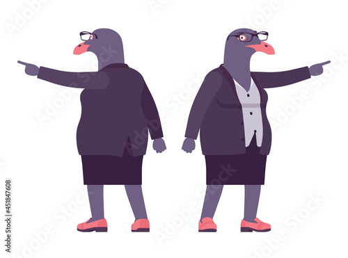Bird woman, seagull head female pigeon in human wear pointing. Plump rounded person with short legs, clumsy seabird, wild marine creature. Vector flat style cartoon illustration, front and rear view