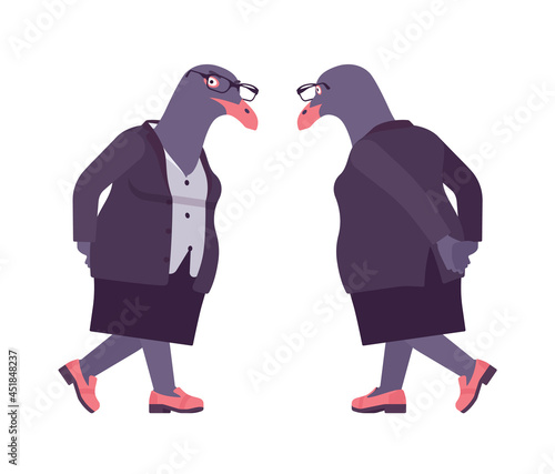 Bird woman, seagull head female pigeon in human wear pensive. Plump rounded person with short legs, clumsy seabird, wild marine creature. Vector flat style cartoon illustration, front and rear view
