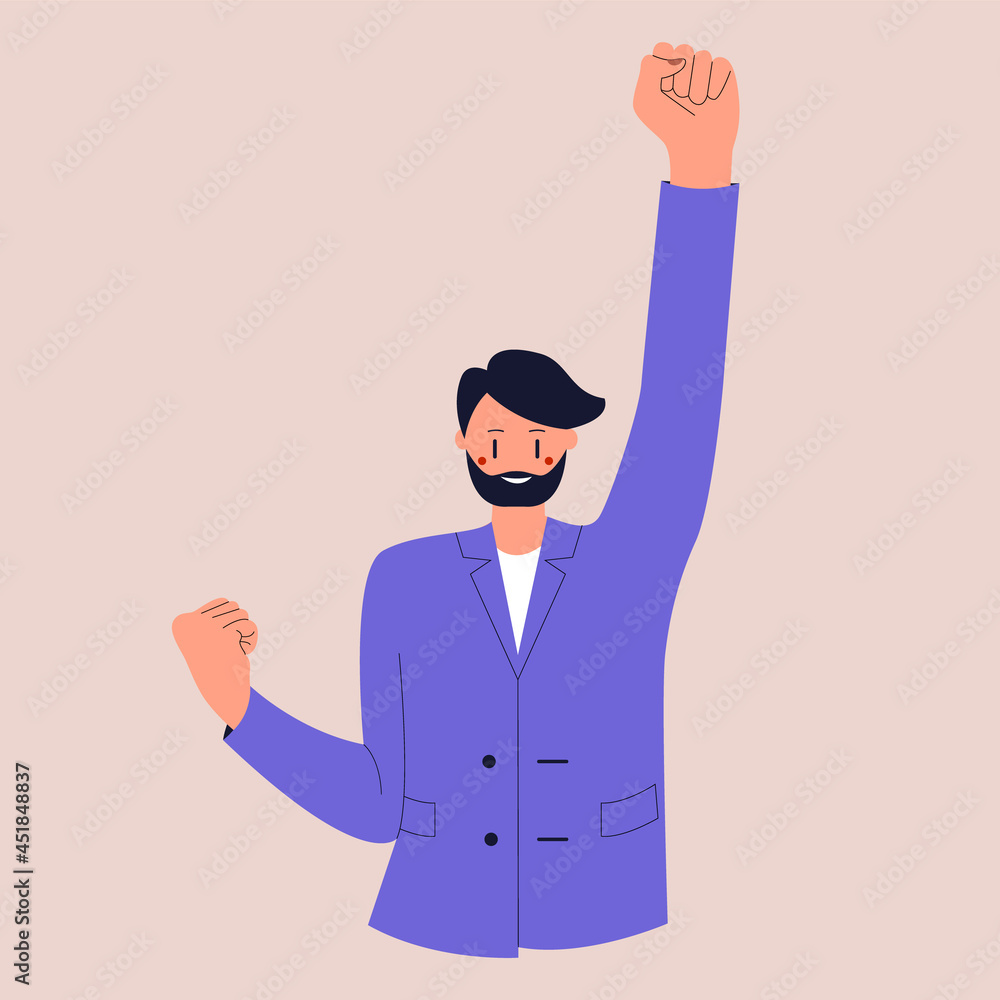 A man in a business suit stands in the winners pose. A confident businessman. Colorful flat vector illustration on isolated background. Eps 10. A man in a business suit stands in the winners pose. A confident businessman. Colorful flat vector illustration on isolated background. Eps 10.