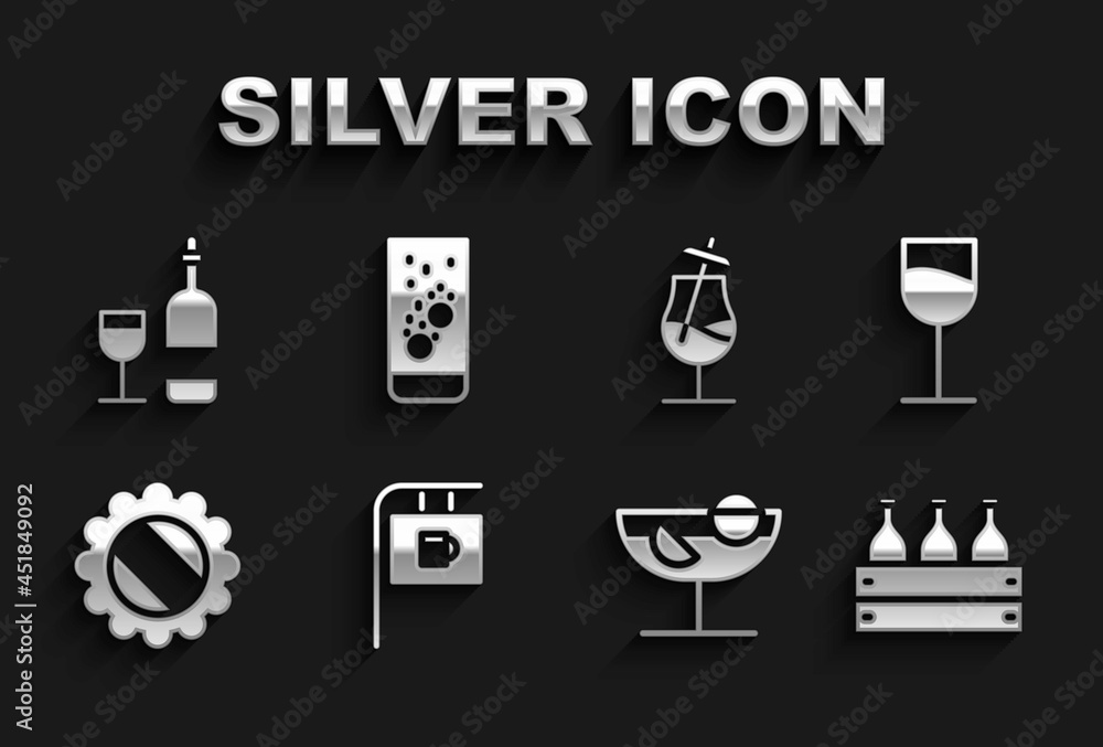 Set Street signboard with Bar, Wine glass, Bottles of wine wooden box, Cocktail, cap, bottle and Effervescent tablets water icon. Vector Set Street signboard with Bar, Wine glass, Bottles of wine wooden box, Cocktail, cap, bottle and Effervescent tablets water icon. Vector