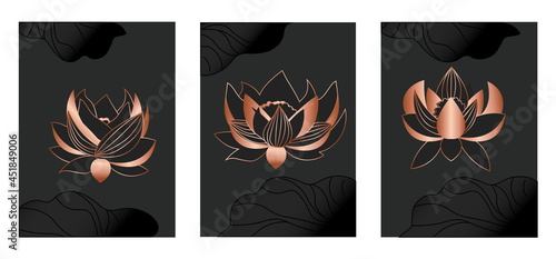 Luxury bronze wallpaper. Collection with metallic lotus flowers and gradient lines in form of leaves. Abstract posters for postcards and wall decoration. Vector illustration isolated on white backdrop
