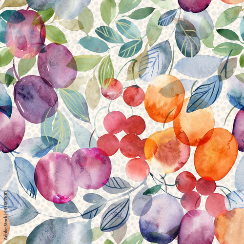 Watercolor stonefruits seamless background,
cherries, plums, apricot hand drawn pattern photo