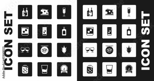 Set Glass of champagne, Effervescent tablets in water, whiskey, Bottles wine, Whiskey bottle, Cheese, Hop and cognac or brandy icon. Vector