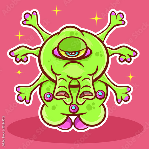 Space monster with one eye and full of arms.Scary space monster with its six arms and one eye, isolated layers of colorful art can be changed color easily, Illustrator 8.