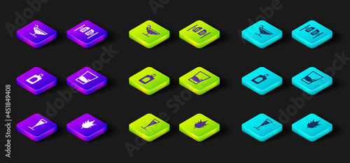 Set Glass of champagne, Hop, Whiskey bottle, vodka, Saloon door and Cocktail icon. Vector