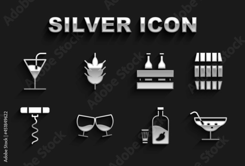 Set Glass of cognac or brandy, Wooden barrel, Cocktail, Vodka with pepper glass, Wine corkscrew, Pack beer bottles, and Hop icon. Vector