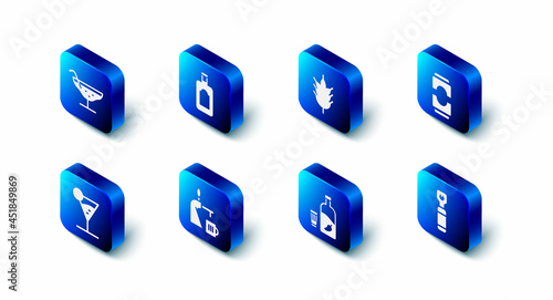 Set Whiskey bottle, Hop, Beer can, Bottle opener, Vodka with pepper and glass, tap, Martini and Cocktail icon. Vector