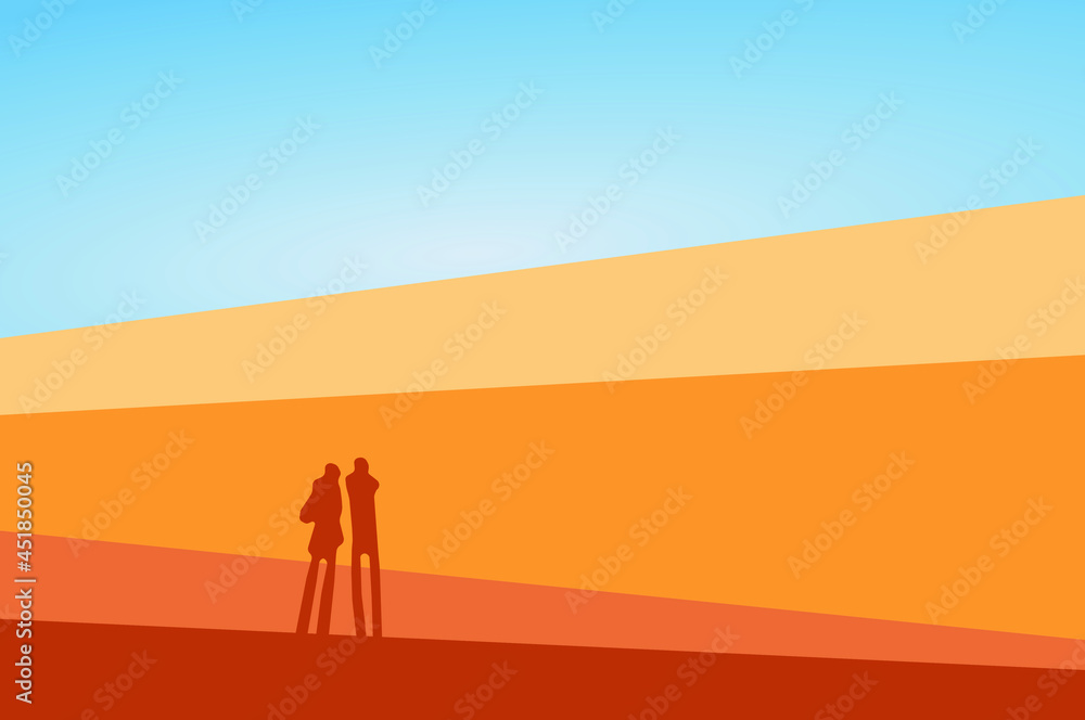 Abstract silhouettes of people on the background of sand dunes with blue sky