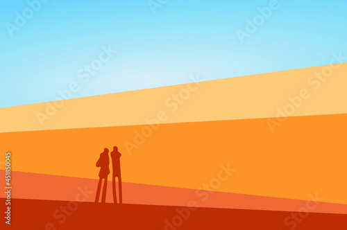 Abstract silhouettes of people on the background of sand dunes with blue sky