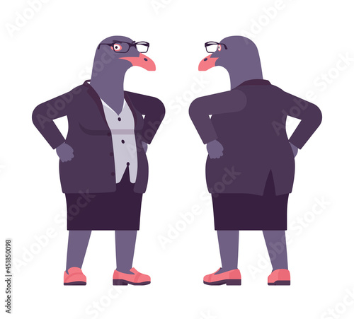 Bird woman, seagull head female pigeon in human wear standing. Plump rounded person with short legs, clumsy seabird, wild marine creature. Vector flat style cartoon illustration, front and rear view