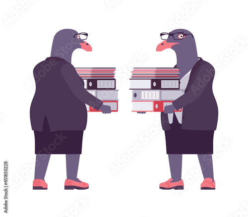 Bird woman, seagull head female pigeon, human wear, with papers. Plump rounded person with short legs, clumsy seabird, wild marine creature. Vector flat style cartoon illustration, front and rear view
