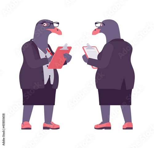 Bird woman, seagull head female pigeon, human wear, with clipboard. Plump rounded person with short legs, clumsy seabird, wild marine creature. Vector flat style cartoon illustration, front, rear view