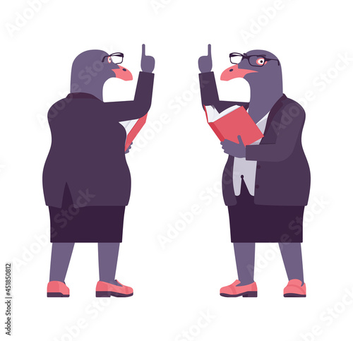 Bird woman, seagull head female pigeon in human wear, attention. Plump rounded person with short legs, clumsy seabird, wild marine creature. Vector flat style cartoon illustration, front and rear view