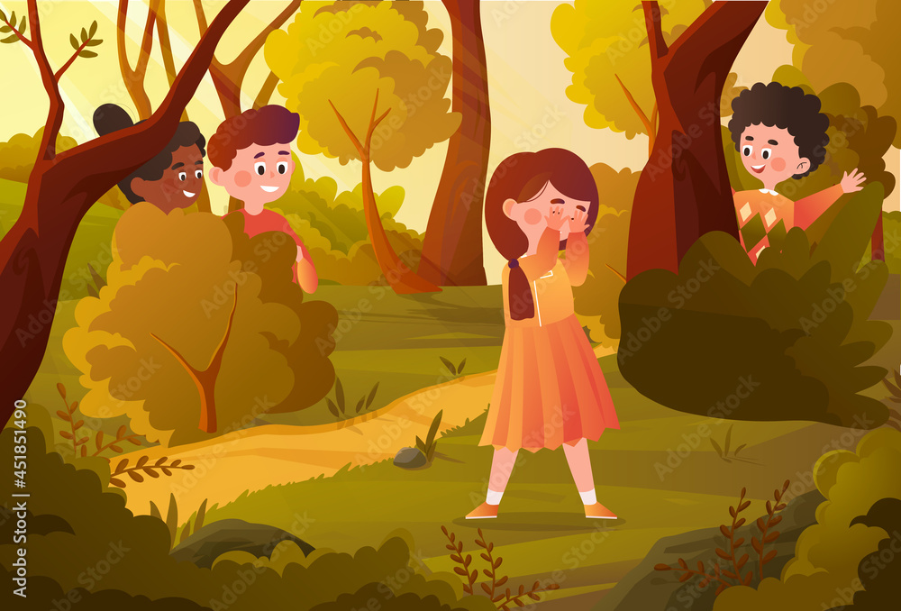 Vector illustration cartoon of children playing hide and seek in