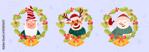 Cute Christmas picture. Santa claus, deer and snowman wish New Year. Happy holidays. Festive wreaths for Christmas. Posters and stickers for kids. Cartoon flat vector set isolated on blue background
