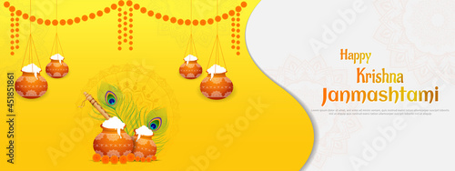 Happy Janmashtami festival banner template design with dahi handi and peacock feather.