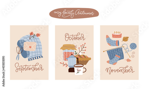 Collection of hand drawn autumn posters and cards for autumn seasonal greetings design. A4 size template. Hand written calligraphy lettering monthes names. Flat hand drawn vector illustration. photo