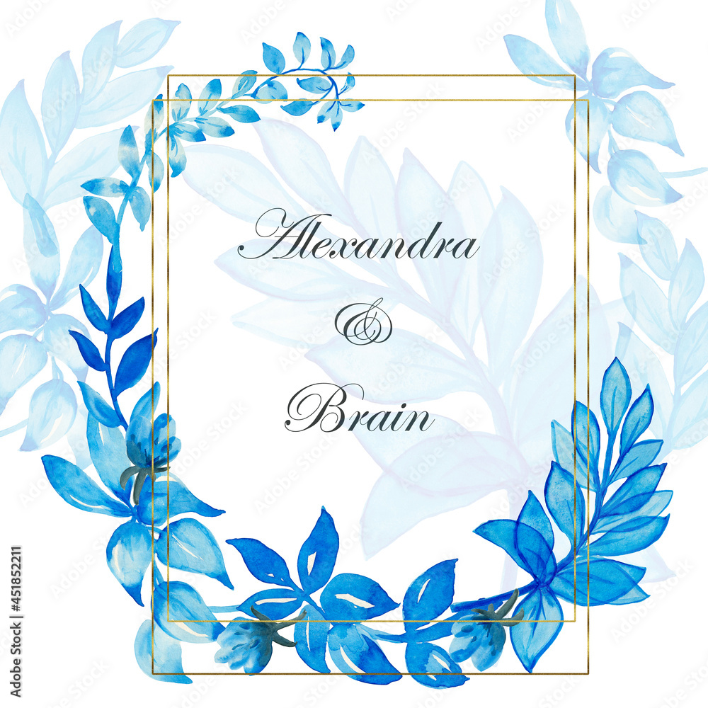 Wedding Watercolor frames blue leaves..Watercolor floral indie wreath frame. Hand drawn vector leaves in blue color.Bright flowers, leaves, for wedding stationery, greetings, Wallpaper, fashion.