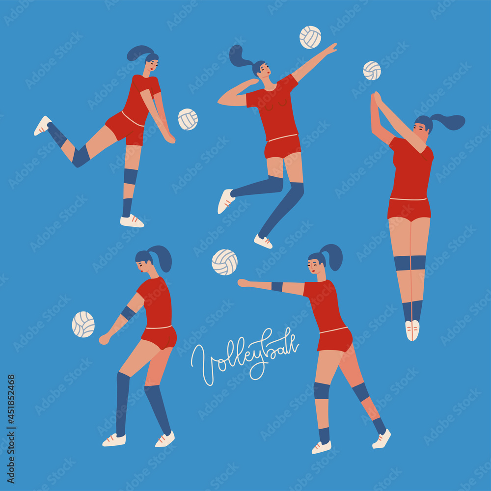 Fototapeta premium Volleyball women's team set. Characters in sports indoor activities. Vector flat illustration on blue color isolated background.