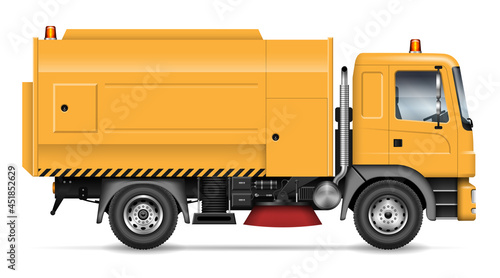 Street sweeper truck vector illustration view from side isolated on white background. Road washing and cleaning vehicle mockup. All elements in the groups for easy editing and recolor photo