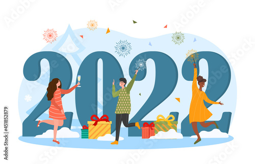 Happy New Year. People celebrating arrival of New Year. Calendar changes. New stage of life. Group of friends celebrating holiday. Cartoon flat vector illustration iosolated on white background