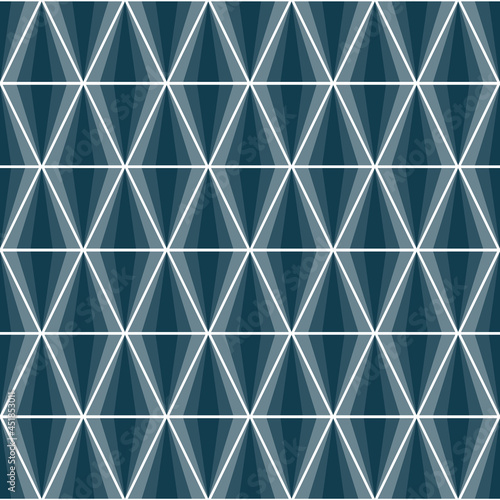 Seamless pattern with triangles and rhombuses geometric shapes in shades of blue color on white background