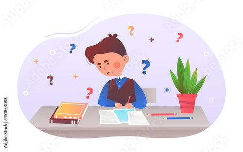 Young boy doing Homework. Teenager looks in textbook. Little child solves equations. Difficulty finding an answer. Distance learning. Cartoon flat vector illustration isolated on white background