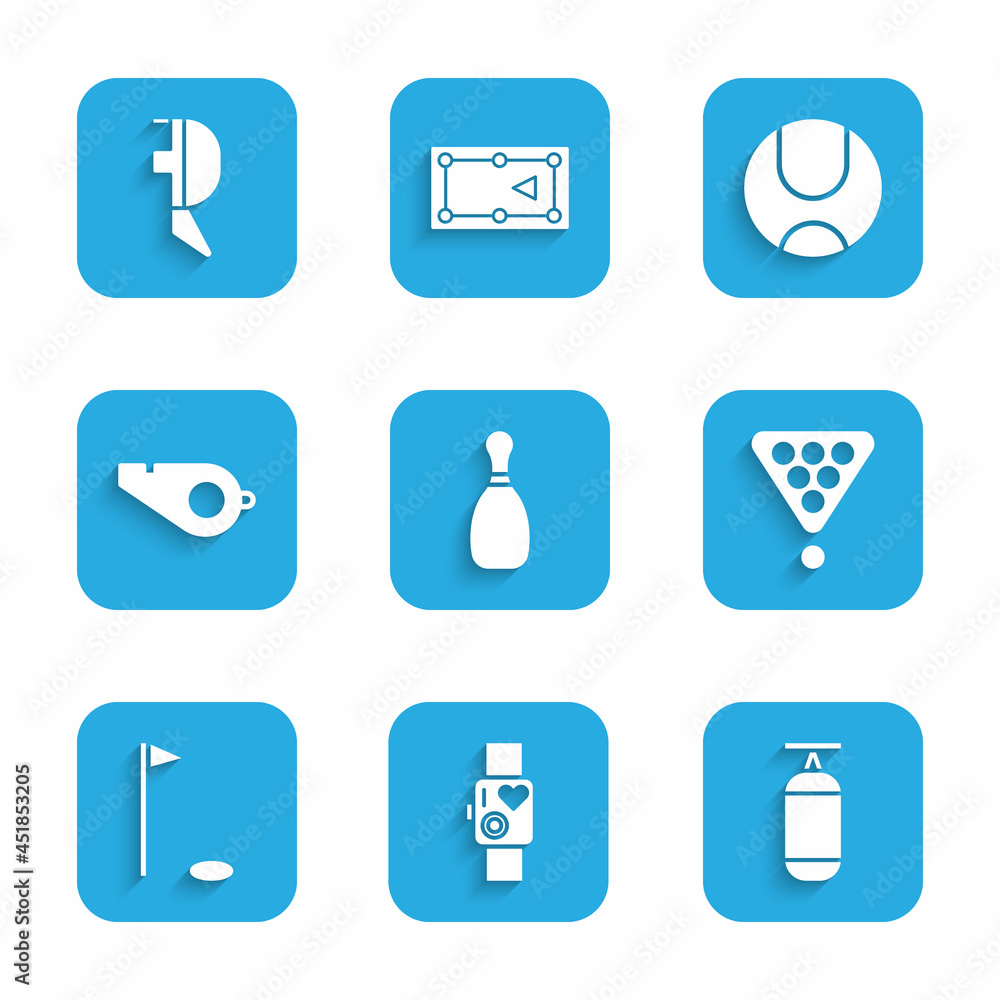 Set Bowling pin, Smart watch showing heart beat rate, Punching bag, Billiard balls rack triangle, Golf flag, Whistle, Tennis and Fencing helmet mask icon. Vector Set Bowling pin, Smart watch showing heart beat rate, Punching bag, Billiard balls rack triangle, Golf flag, Whistle, Tennis and Fencing helmet mask icon. Vector
