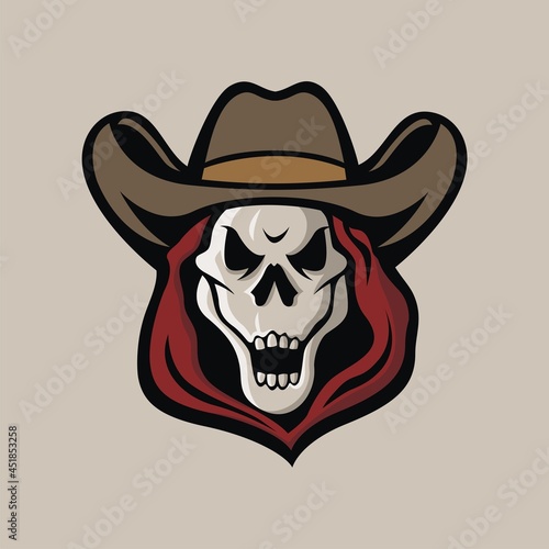 The hooded skull head mascot wears a cowboy hat.