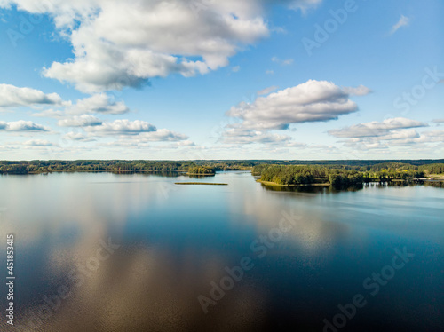 Beautiful aerial view of Moletai region, famous or its lakes. Scenic summer evening landscape, Lithuania
