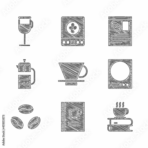 Set V60 coffee maker, Coffee book, cup and, Electronic scales, beans, French press, Newspaper and Irish icon. Vector