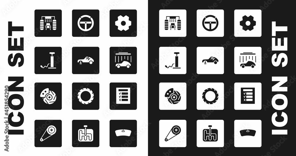 Set Gear, Broken car, Car air pump, wash, Steering wheel, inspection and brake disk with caliper icon. Vector Set Gear, Broken car, Car air pump, wash, Steering wheel, inspection and brake disk with caliper icon. Vector