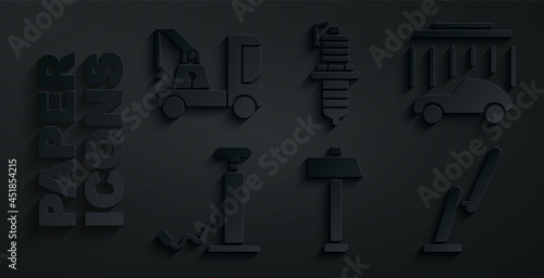 Set Hammer, Car wash, air pump, Windscreen wiper, spark plug and Tow truck icon. Vector