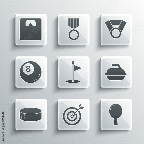 Set Target with arrow, Racket for playing table tennis, Stone curling sport game, Golf flag, Hockey puck, Billiard pool snooker ball, Bathroom scales and Medal icon. Vector