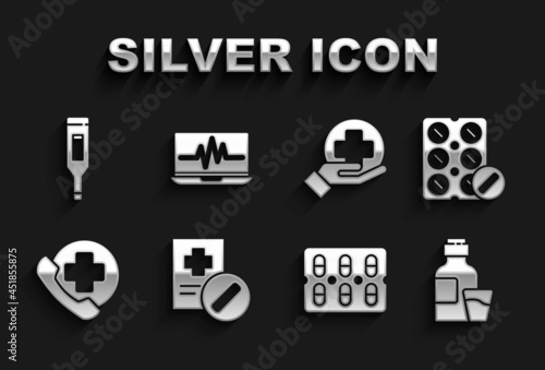 Set Medical prescription, Pills in blister pack, Bottle of medicine syrup, Emergency phone call to hospital, Cross medical, digital thermometer and Laptop with cardiogram icon. Vector