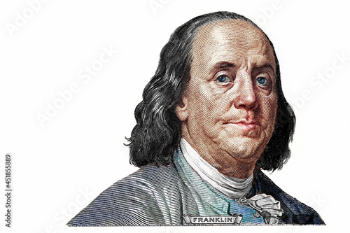 Fotografia Benjamin Franklin cut on new 100 dollars banknote isolated on white background