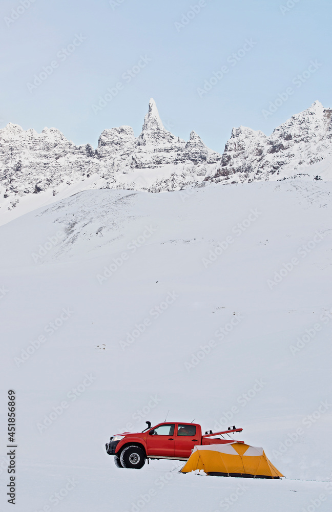 Winter camping on Oxnadalsheidi pass in North Iceland Winter camping on Oxnadalsheidi pass in North Iceland