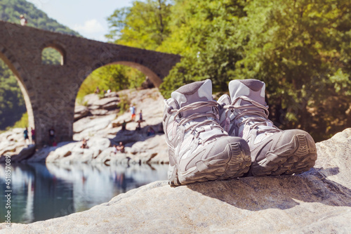 Hiking Boots on a Stone Background 