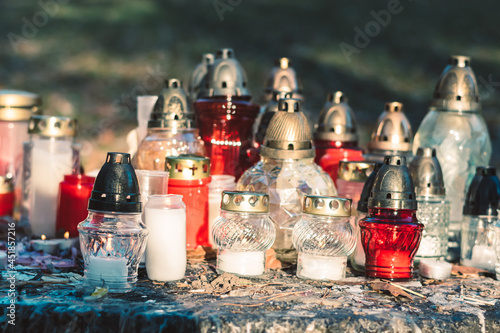 burning candles and lanterns background, funeral concept